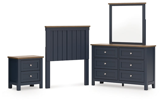Landocken Twin Panel Headboard with Mirrored Dresser and Nightstand