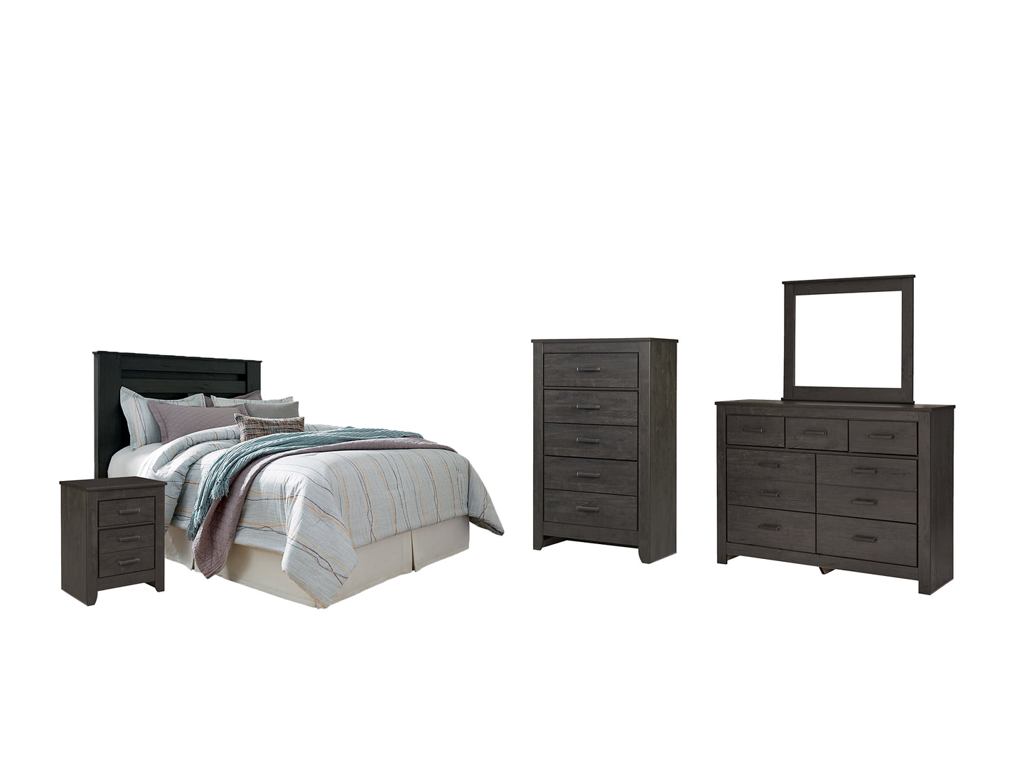 Brinxton Queen/Full Panel Headboard Bed with Mirrored Dresser, Chest and Nightstand