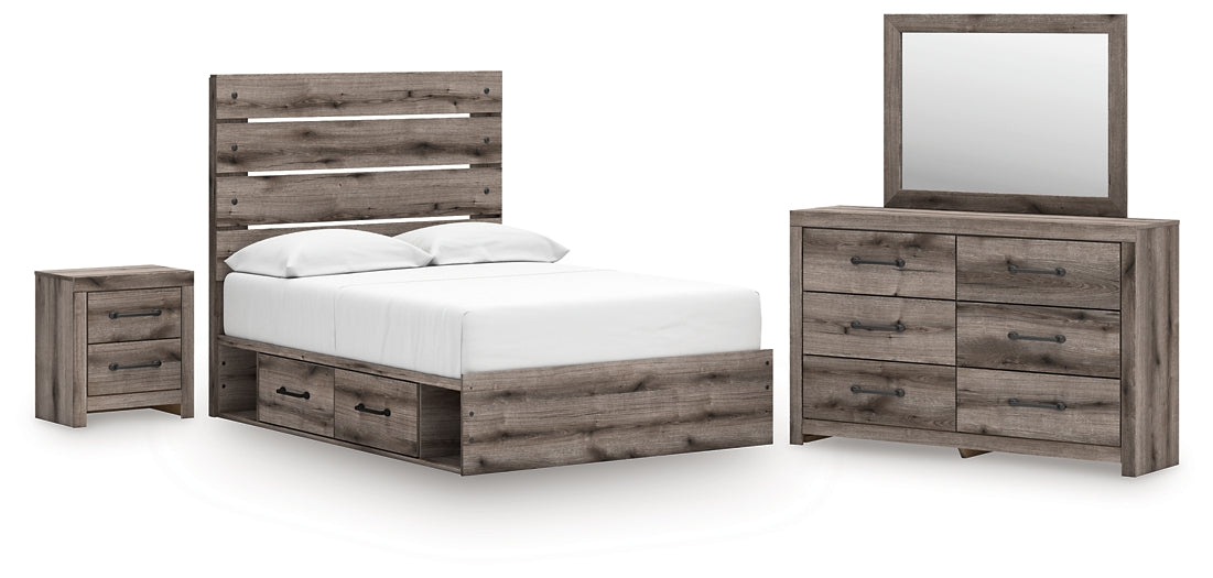 Graystorm Full Panel Bed with Storage with Mirrored Dresser and Nightstand