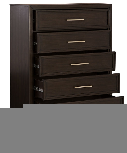 Neymorton King Upholstered Panel Bed with Mirrored Dresser, Chest and Nightstand