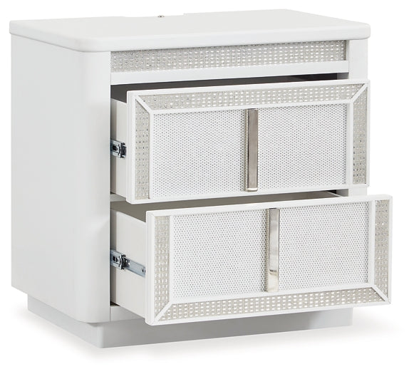 Chalanna California King Upholstered Storage Bed with Mirrored Dresser and Nightstand