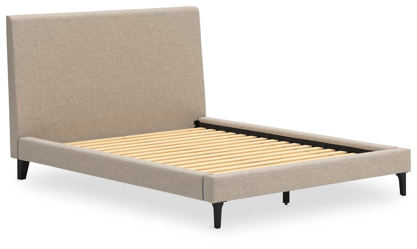 Cielden Queen Upholstered Bed with Roll Slats, Dresser, Mirror and Nightstand