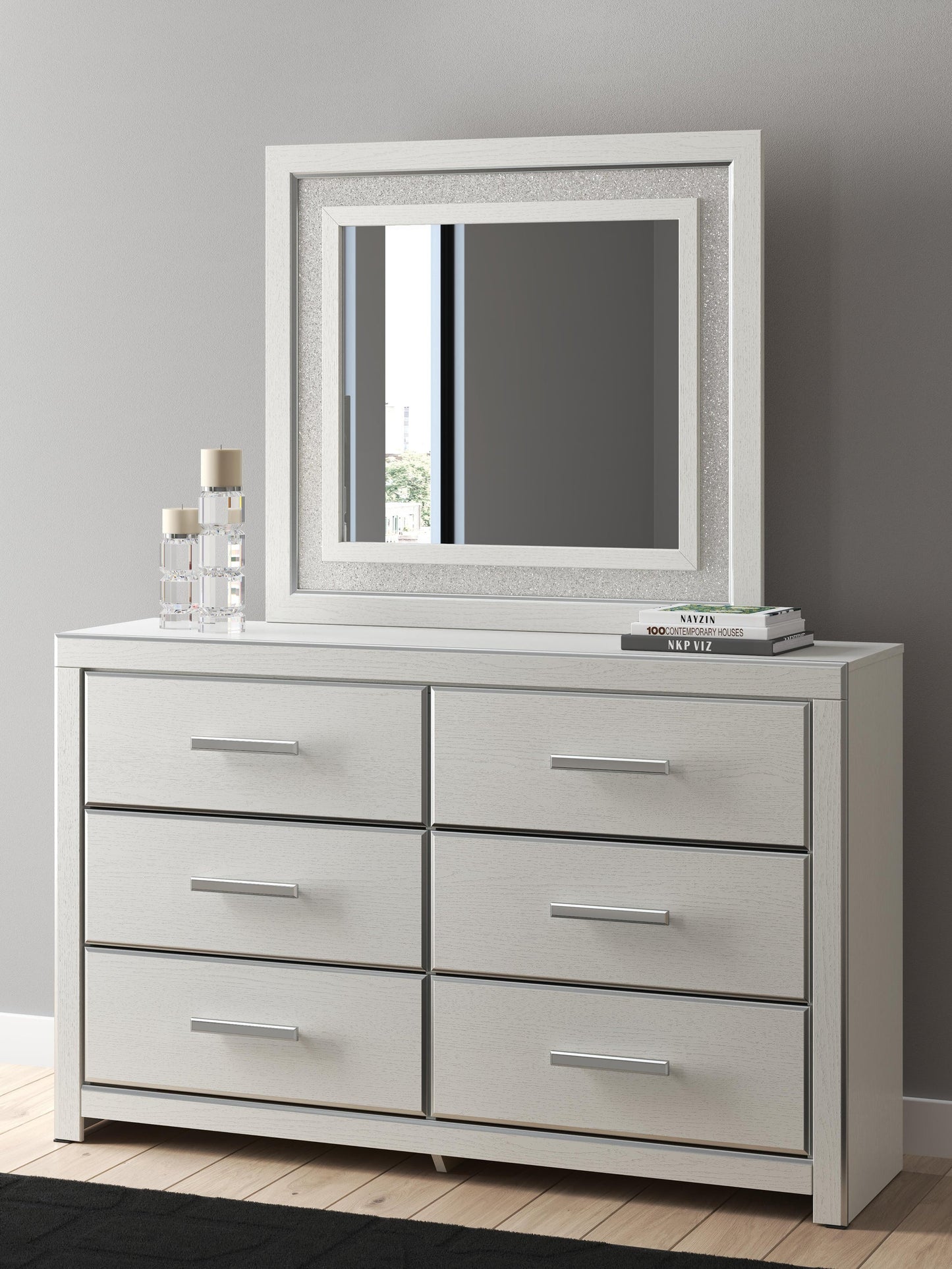 Zuraleus King Upholstered Panel Platform Bed, Dresser, Mirror and Nightstand