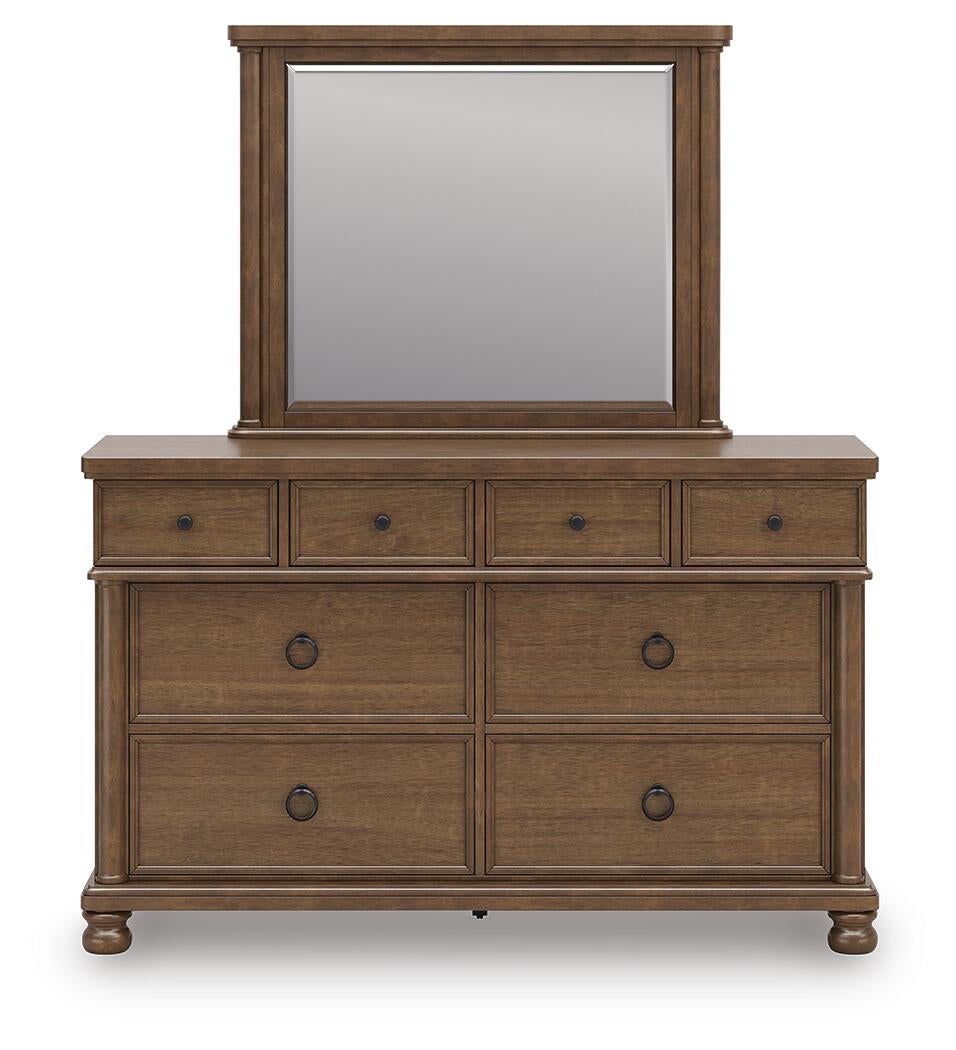 Rowlenstown California King Poster Bed with Mirrored Dresser and Nightstand