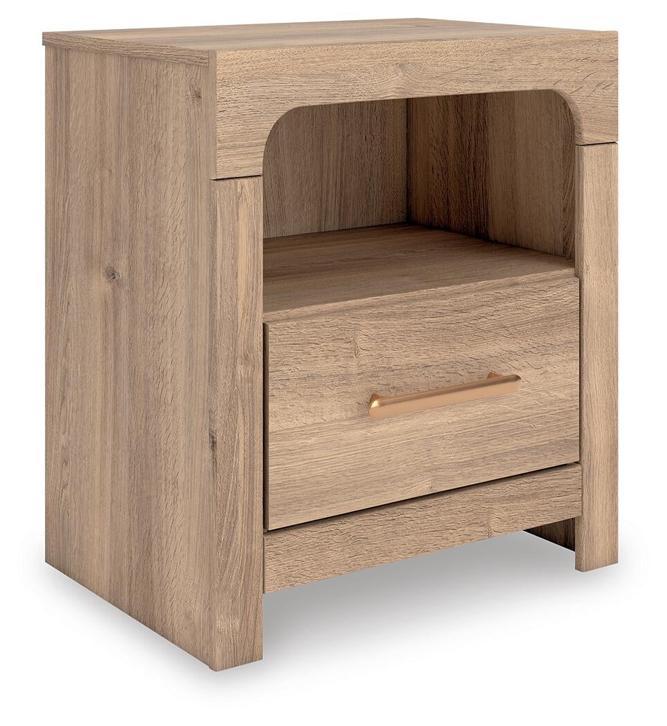 Kinlanni Queen Upholstered Panel Bed, Dresser, Mirror and Nightstand