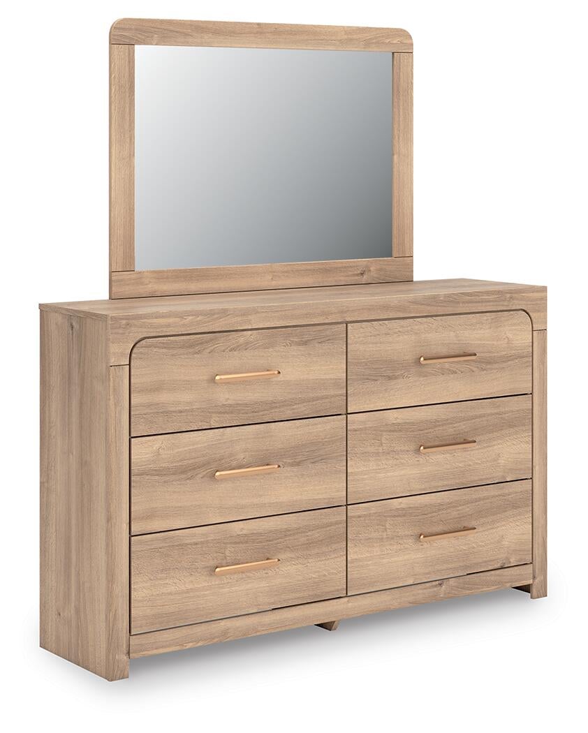 Kinlanni Queen Upholstered Platform Bed, Dresser, Mirror and Nightstand