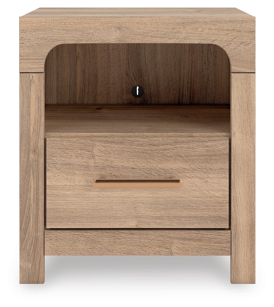 Kinlanni Queen Upholstered Platform Bed, Dresser, Mirror and Nightstand