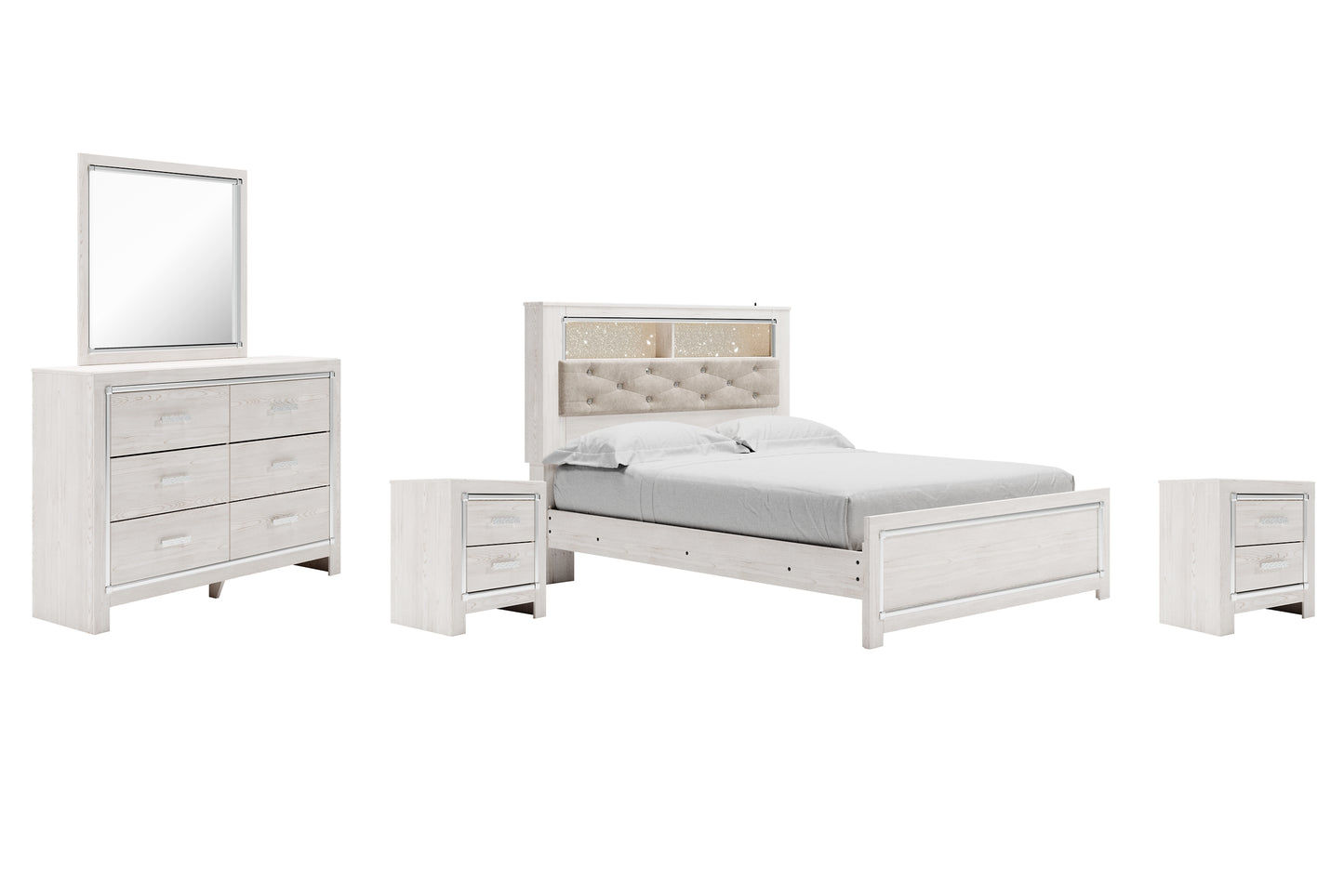 Altyra Queen Panel Bookcase Bed with Mirrored Dresser and 2 Nightstands